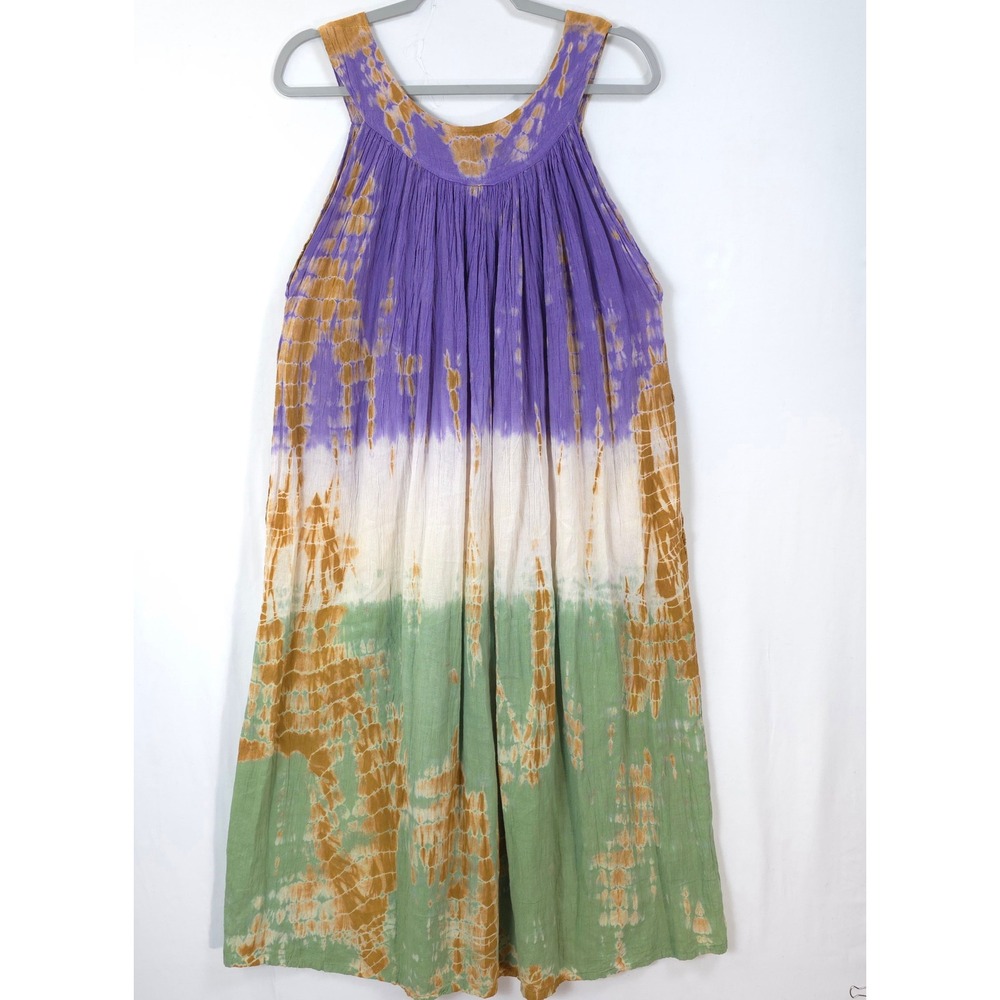 Boho Tie Dye Resort Midi Dress Cotton Embroidered Sleeveless OS Festival Hippie